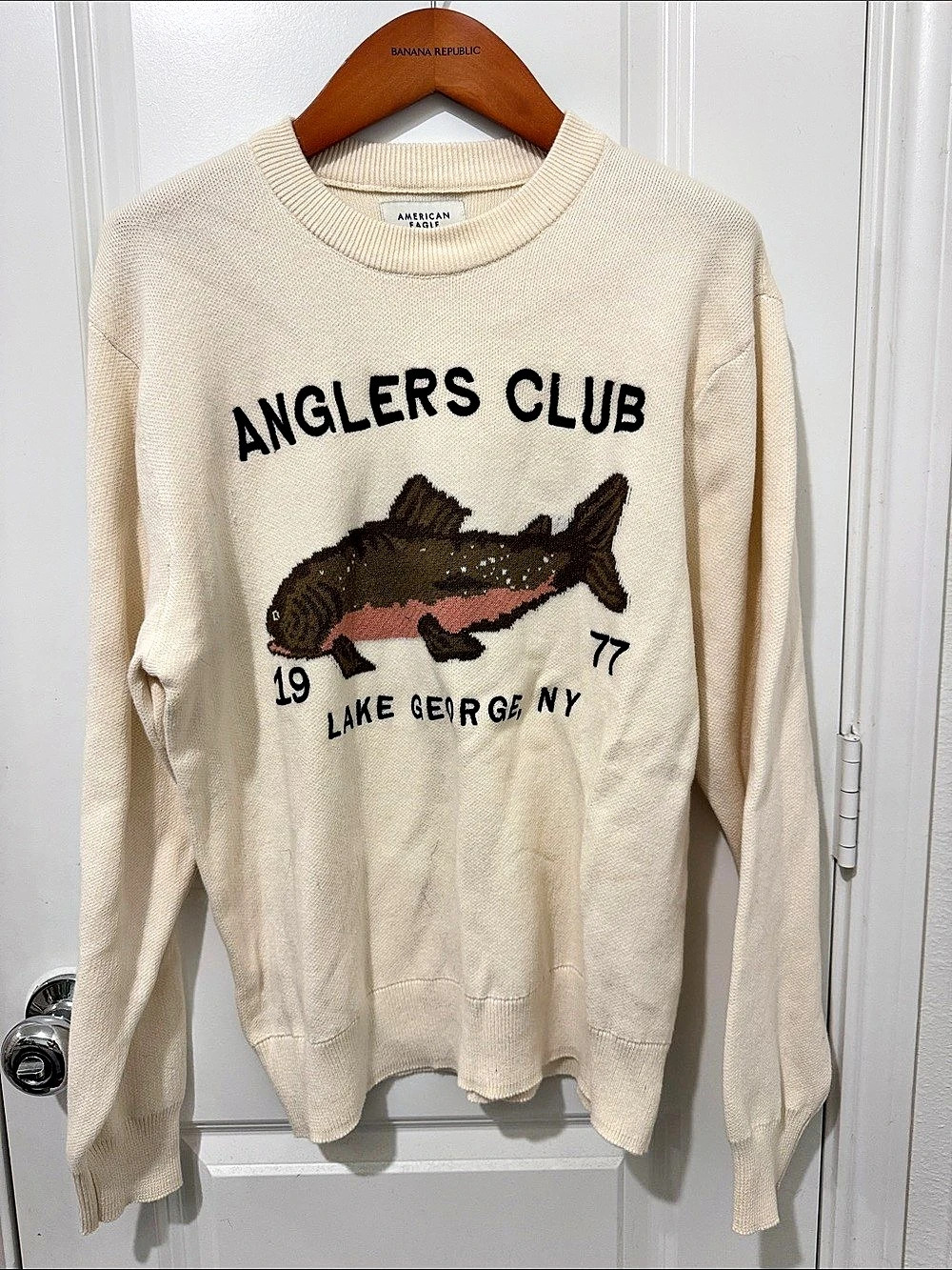 American Eagle Anglers Club Lake George NY Trout Graphic Crew Neck Sweater Trout